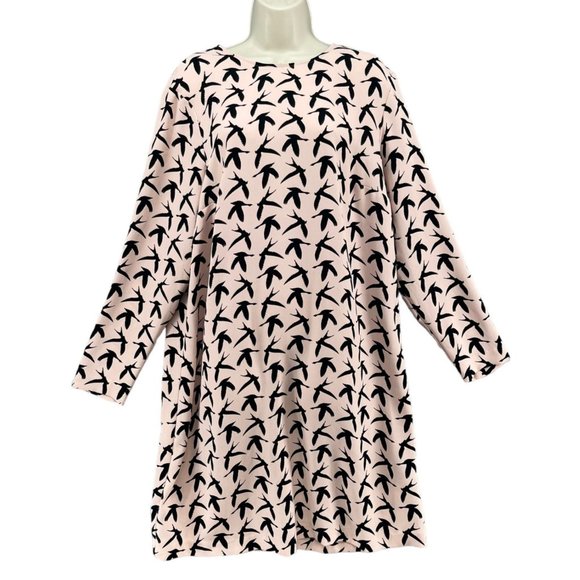 HM Bird Print Dress Light Pink Long Sleeve Knee Length Shirtdress Size 18 - Picture 1 of 12